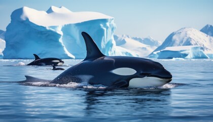 Groups of Orcas or killer whales swim and hunt for prey, the top of the food chain in a sea of ​​ice floes