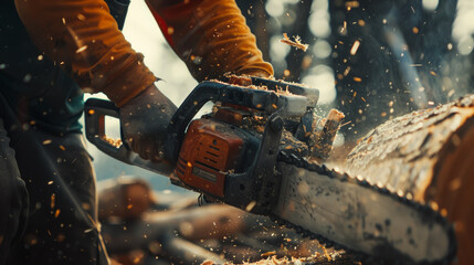 Dynamic sparks fly as a chainsaw bites into timber, personified power in action.