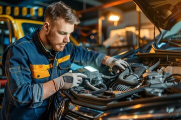 A mechanic using a scan tool to diagnose a car with an open hood revealing a clean and well maintained engine illustrating professional service - Powered by Adobe