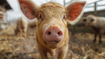 Close-up of a curious piglet on a farm surrounded by hay, looking directly into the camera, showcasing the rural lifestyle.