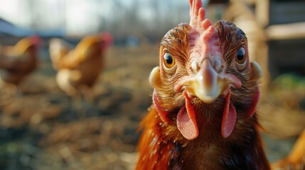 Close-up shot of a curious chicken in a farm setting, with other chickens in the background. Perfect for agricultural and rural-themed content. - Powered by Adobe