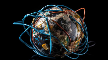 Concept of globalization of electronic internet technologies, usb cable with planet earth. AI generated.