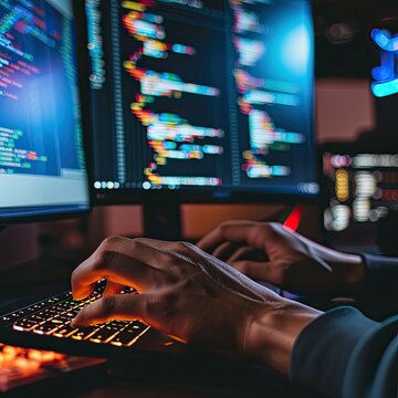 Closeup of hands typing code on a backlit keyboard with multiple monitors displaying code, highlighting software development and coding.