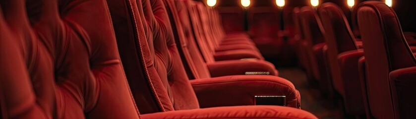 Obraz premium Empty red seats in a dimly lit theater creating a cozy and intimate ambiance, ready for an audience to enjoy a performance.