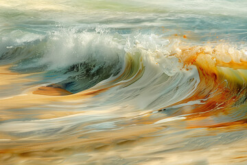waves of H2O in the ocean with colors of brown and orange, light beige and gold, water melting into sand of shore, photorealistic // ai-generated 