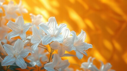  White flowers in vase on orange-yellow wall
