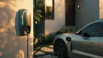 An electric vehicle charging station gleams at dusk, signifying sustainable energy progress.