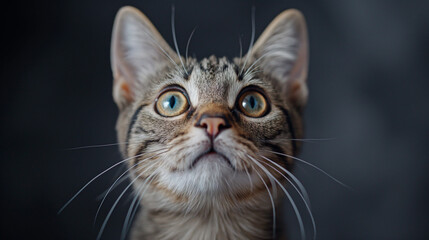 Skeptic surprised cat thinking dont know what to do, big eyes closeup. Tabby cat look side dont know, funny face. Cute tabby cat looking scared, thinking. Wide eyed kitten dont know why, portrait. 