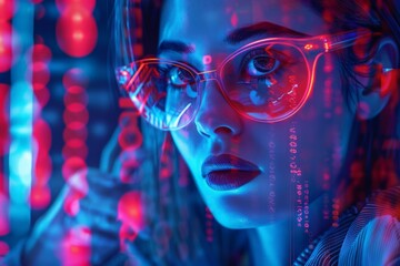 A stylish woman with glasses stands confidently against a futuristic background, embodying the integration of technology into everyday life.