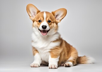 A cheerful 14-week-old Welsh Corgi puppy sits isolated on white. The dog winks and pants happily.
