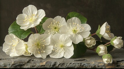   White flowers resting atop a stone slab beside a green, leafy plant also perched on a stone slab
