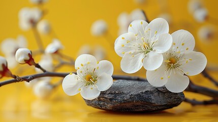   Close-up of flower on branch with rock in foreground and yellow wall in background