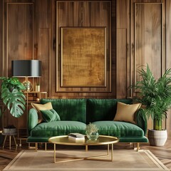 luxury living room in house with modern interior design, wooden walls, panels, green velvet sofa, gold decoration, plants, lamp, carpet, mock up poster frame