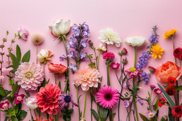  colorful and diverse flowers pattern , pink background, Floral wallpaper design botanical print fabric, Springtime or summer celebration, Feminine aesthetic
