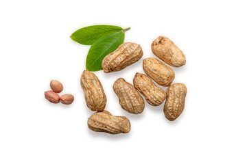Peanuts and green leaves isolated on white background