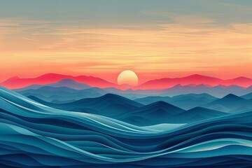 Sunset painting over mountain range reflects on ocean waves