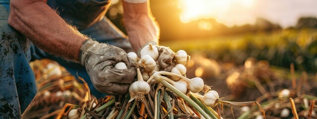 a farmer collects garlic. Selective focus