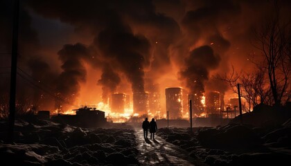 The two men walk away from the burning city.