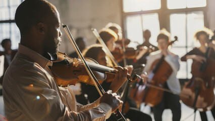 Violinist deeply immersed in his performance surrounded by fellow orchestra members.