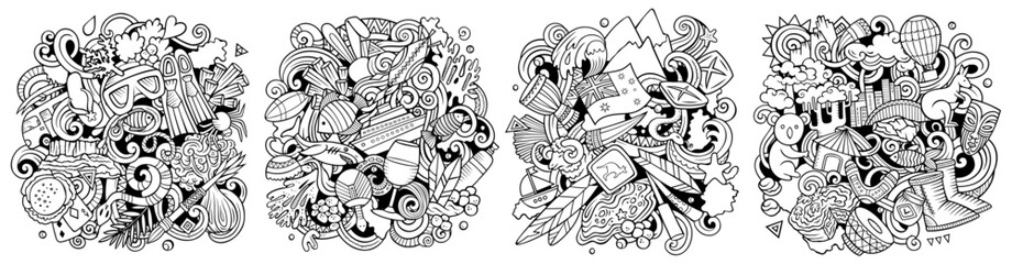 Australia cartoon vector doodle designs set. Sketchy detailed compositions with lot of traditional symbols. Isolated on white illustrations