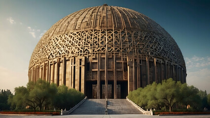 An imposing modern dome with intricate geometric patterns stands serene amidst a landscape of greenery