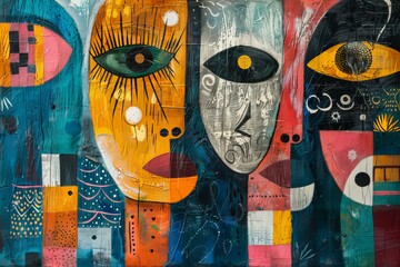 Painting of individuals with various expressions on a mural