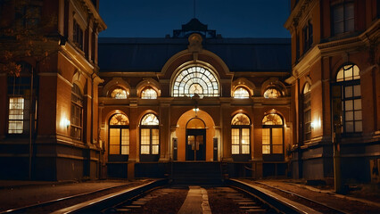 Obraz premium An elegantly illuminated historic building stands at night with a clock tower and surrounding foliage