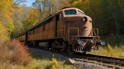Fototapeta premium A classic vintage diesel train moves along tracks surrounded by the striking colors of autumn, evoking a nostalgic travel theme