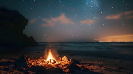 A serene beachfront campfire under a starlit night sky, with waves gently crashing onto the shore, creating a tranquil atmosphere.