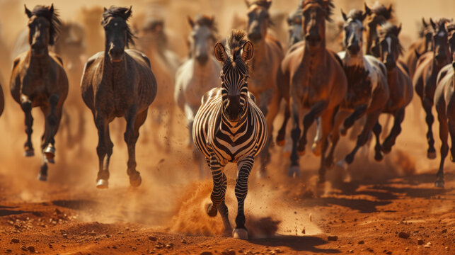 A zebra leads a wild charge of horses through a cloud of dust in the desert.