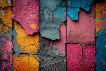 A close up of a colorful wall with peeling paint on it