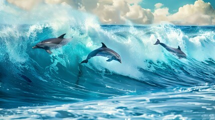 Fototapeta premium Three dolphins ride the crest of vibrant turquoise ocean waves under a sky filled with fluffy clouds, showcasing their agility and grace.