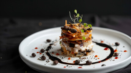 Exquisite deconstructed venezuelan arepa tower elegantly plated with delicate garnishes and artistic sauce drizzle on a dark background