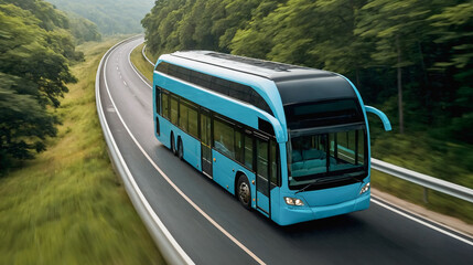Modern bus powered by hydrogen fuel cell driving on highway, motion blur. Zero emission transport and travel. Green energy	