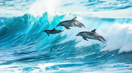 Naklejka premium Three dolphins leap gracefully through vibrant blue waves, capturing the energetic and playful spirit of marine wildlife in a stunning oceanic scene.