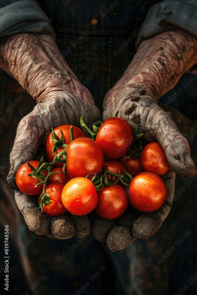 Wall mural the farmer holds tomatoes in his hands. selective focus - Wall murals