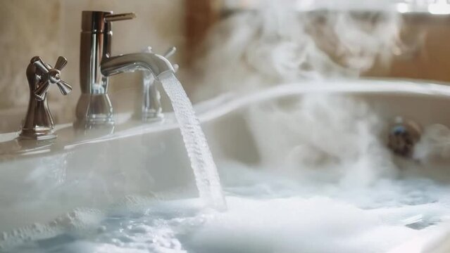 Hot water flowing from a shiny tap with steam