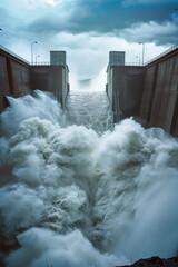 waves of H2O, dramatic shot of the dam's gate being opened, with water gushing out in an epic splash against dark stormy skies, photorealistic // ai-generated 