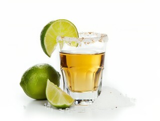 Tequila Shot with Salt Rim and Lime Isolated on a White Background. Generative AI.