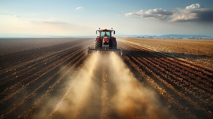 A tractor and tillage machines working on vast fields, turning over rich soil under a clear blue sky