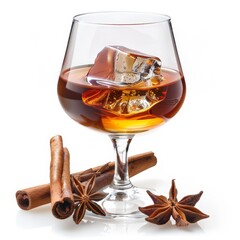 Cognac with Cinnamon and Star Anise Isolated on a White Background. Generative AI.