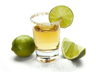 Tequila Shot with Salt and Lime Slice Isolated on a White Background. Generative AI.