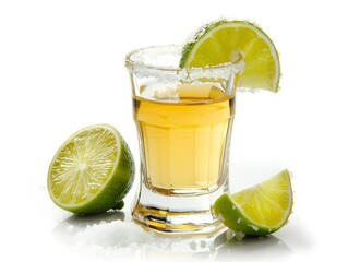 Tequila Shot with Lime Wedge and Salt Isolated on a White Background. Generative AI.