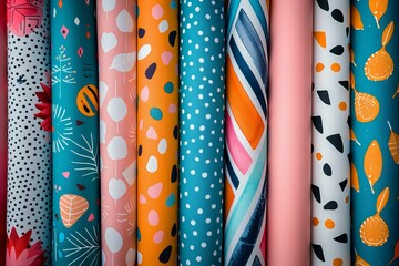 Close-up of colorful fabric rolls on a rack
