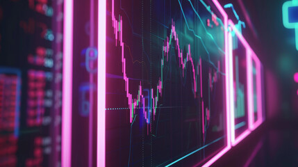 Neon lights illuminate financial graphs, indicating the pulse of the stock market's activity.