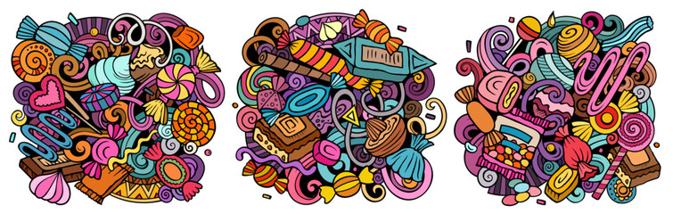 Candy cartoon vector doodle designs set. Colorful detailed banner with lot of sweets objects and symbols compositions.