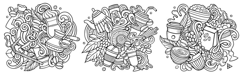 Coffee cartoon vector doodle designs set. Sketchy detailed banner with lot of objects and symbols compositions.