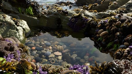 A serene tide pool filled with colorful seashells, sea anemones, and marine life near a rocky seashore on a sunny day, showcasing the beauty of coastal ecosystems.