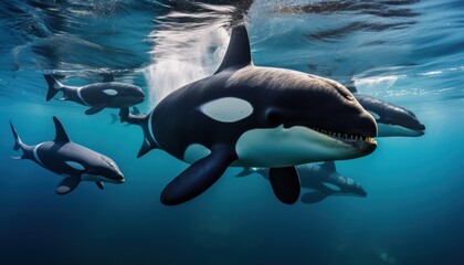 Obraz premium Groups of Orcas or killer whales swim and hunt for prey, the top of the food chain in a sea of ​​ice floes