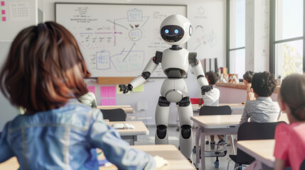 Cute humanoid robot engaging kids in a fun, technological learning experience.